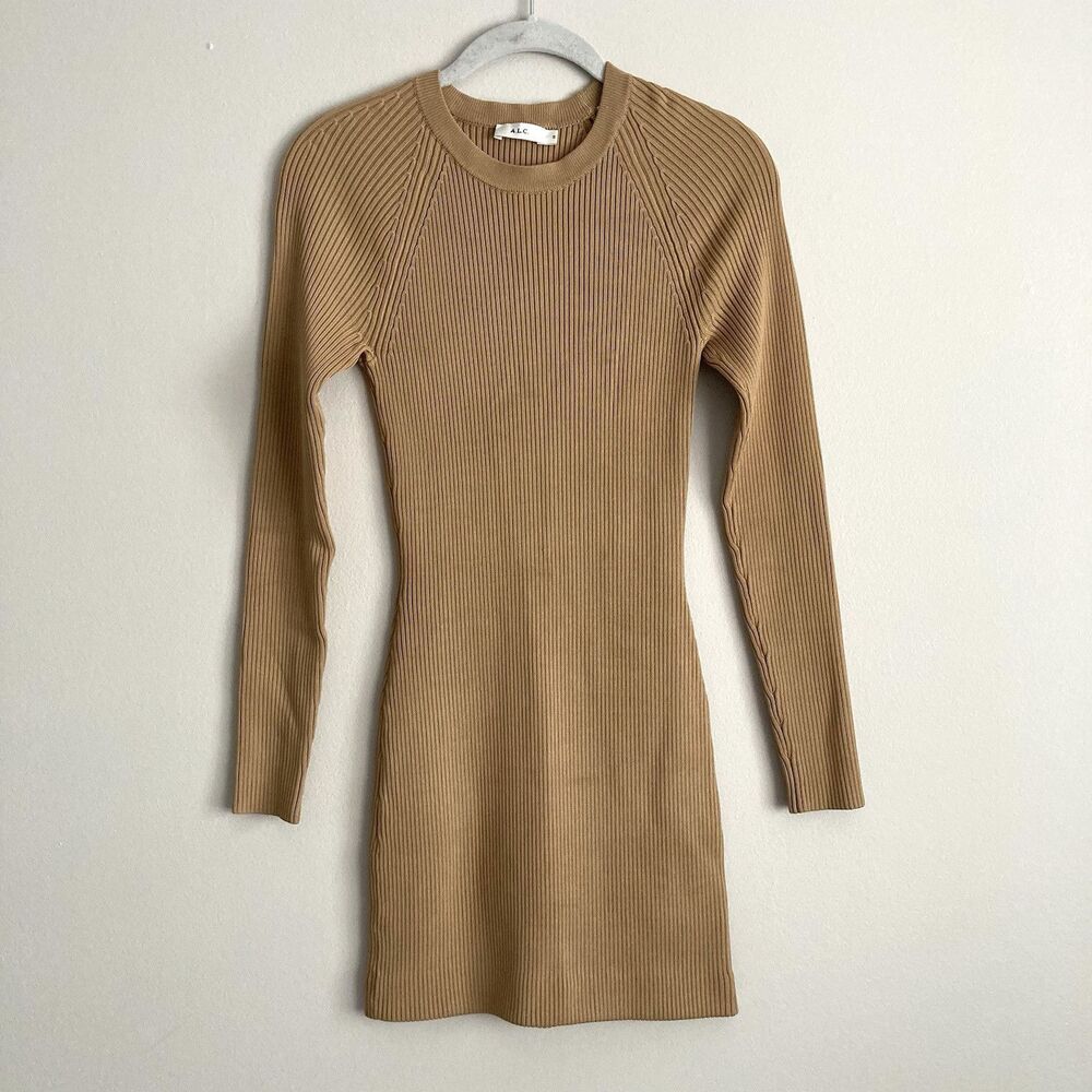 ALC Womens Long Sleeve Ribbed Dress Light Brown Size Small Party Going Out